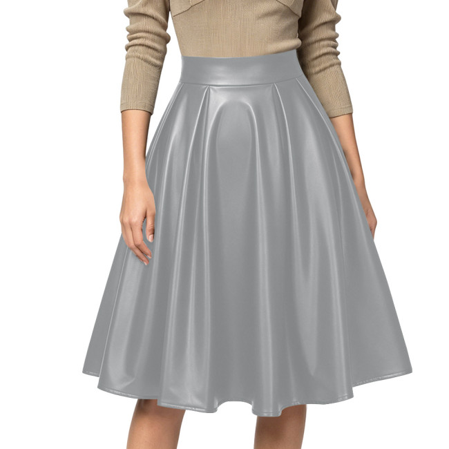 Women Sexy High Waist Party Matte PU Leather A-Line Midi Skirt Flared Skirt Office Back Zipper Casual Outfits Elegant Daily Wear