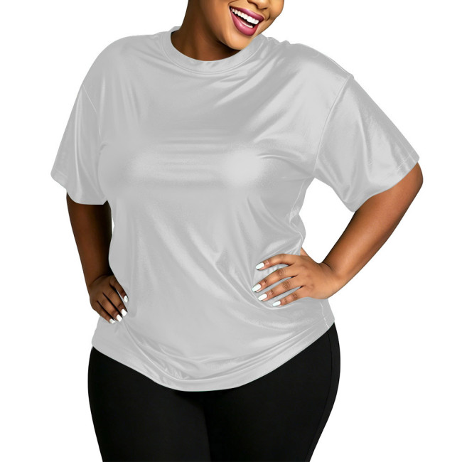 Plus Size Metallic Shiny Loose T-shirt Women Fashion Casual Short Sleeve Solid Color Tops Club Dance Party Round Neck Tee Shirts