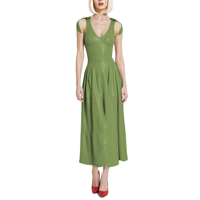 Preppy Style Glossy Smooth PVC A-line Dress Womens V-Neck Sleeveless Pleated Long Dress with Back Zipper Clubwear Party Vestidos
