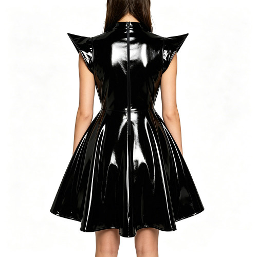 Plus Size Party Glossy Mini Dress Womens PVC Mock Neck High Waist Flared Dress with Back Zipper Wetlook Themed Cosplay Outfit
