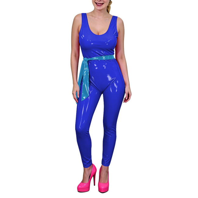 Women Low U-Neck Bodycon Catsuit with Belt Shiny PVC Leather Sleeveless Jumpsuit Wet Look Party Cosplay Outfits Fetish Bodysuit