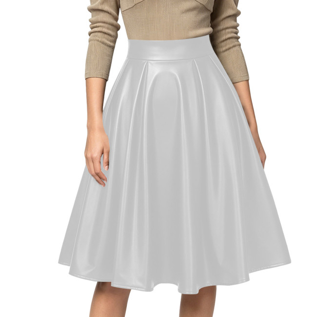 Women Sexy High Waist Party Matte PU Leather A-Line Midi Skirt Flared Skirt Office Back Zipper Casual Outfits Elegant Daily Wear