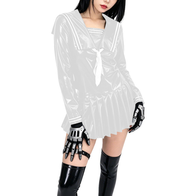 Shiny PVC Sailor Collar School Uniform 2 Piece Set Gothic Crop Top High Waist Pleated Mini Skirt Cosplay Lolita Anime Maid Dress