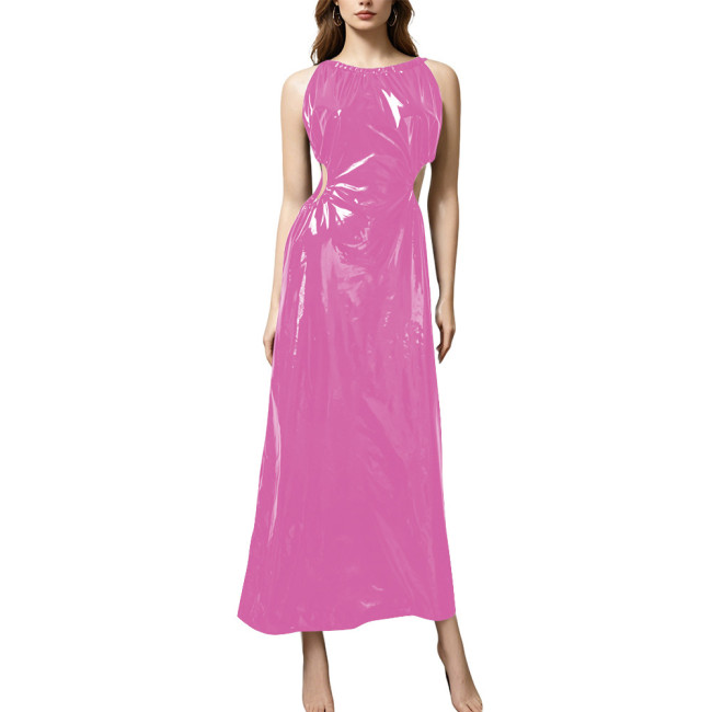 Plus Size Elegant PVC Halter Maxi Dress Women Sleeveless Cutout Waist Evening Gown Glossy Faux Leather Formal Party Sling Dress