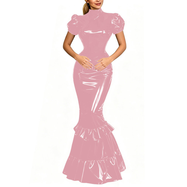 Lady Shiny PVC Puff Sleeve Mermaid Maxi Dress Fetish Bodycon Evening Gown with Tiered Ruffle Gothic Punk High Neck Cosplay Dress
