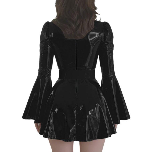 Plus Size Wetlook PVC Swing Dresses with Bow Chic Preppy Style Long Flare Sleeve Belted Dress Party Glossy Short Gown Clubwear