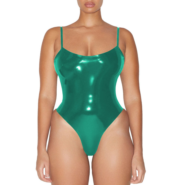 Glossy Sexy Sleeveless PVC Faux Leather Bodysuit Womens Wetlook One-piece Swimsuit Club Lingerie Body Rompers Clubwear Leotard