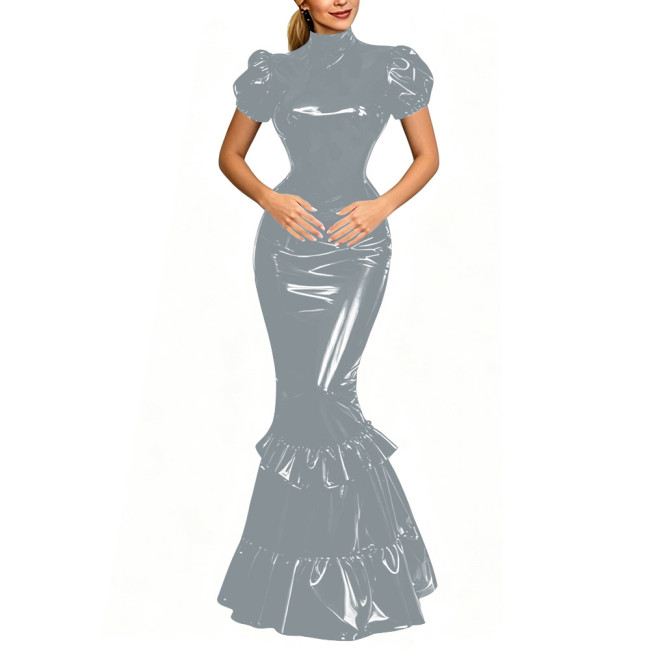 Lady Shiny PVC Puff Sleeve Mermaid Maxi Dress Fetish Bodycon Evening Gown with Tiered Ruffle Gothic Punk High Neck Cosplay Dress