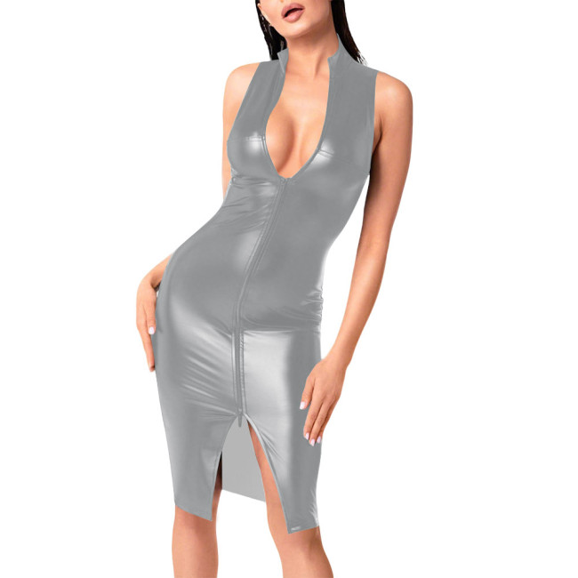 Plus Size Sexy Evening Dresses Outfits Fashion Women Full Zipper Sleeveless Faux Leather Bodycon Dress Night Club Party Vestido
