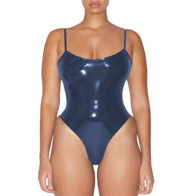 Glossy Sexy Sleeveless PVC Faux Leather Bodysuit Womens Wetlook One-piece Swimsuit Club Lingerie Body Rompers Clubwear Leotard