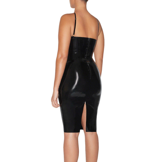 Sexy V-neck Backless PVC Vinyl Leather Dress Women Bodycon Knee Length Club Party Dress Ladies Spaghetti Strap Stretch Dresses