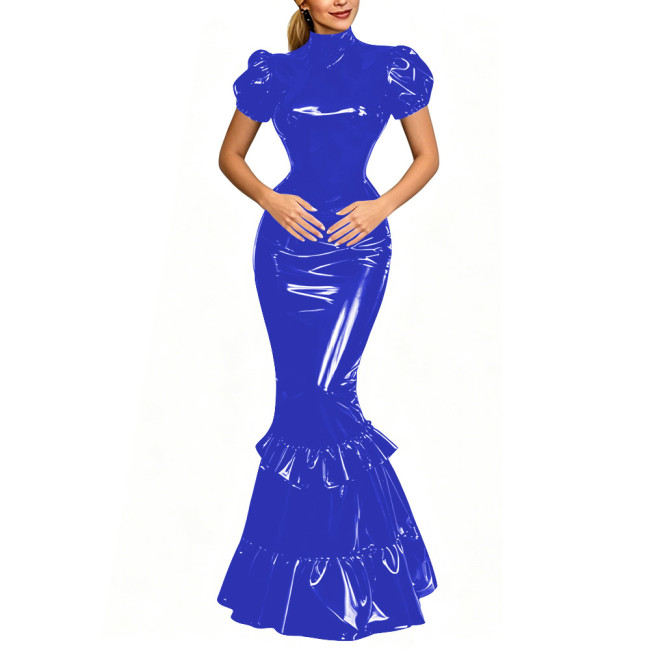Lady Shiny PVC Puff Sleeve Mermaid Maxi Dress Fetish Bodycon Evening Gown with Tiered Ruffle Gothic Punk High Neck Cosplay Dress