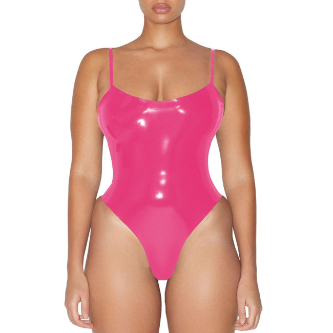 Glossy Sexy Sleeveless PVC Faux Leather Bodysuit Womens Wetlook One-piece Swimsuit Club Lingerie Body Rompers Clubwear Leotard