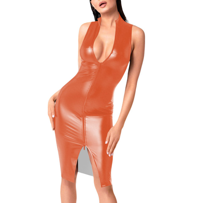 Plus Size Sexy Evening Dresses Outfits Fashion Women Full Zipper Sleeveless Faux Leather Bodycon Dress Night Club Party Vestido