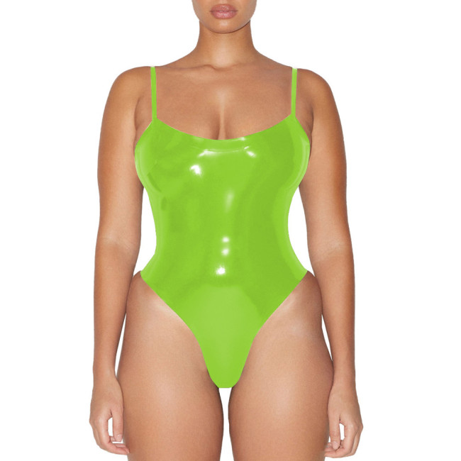 Glossy Sexy Sleeveless PVC Faux Leather Bodysuit Womens Wetlook One-piece Swimsuit Club Lingerie Body Rompers Clubwear Leotard