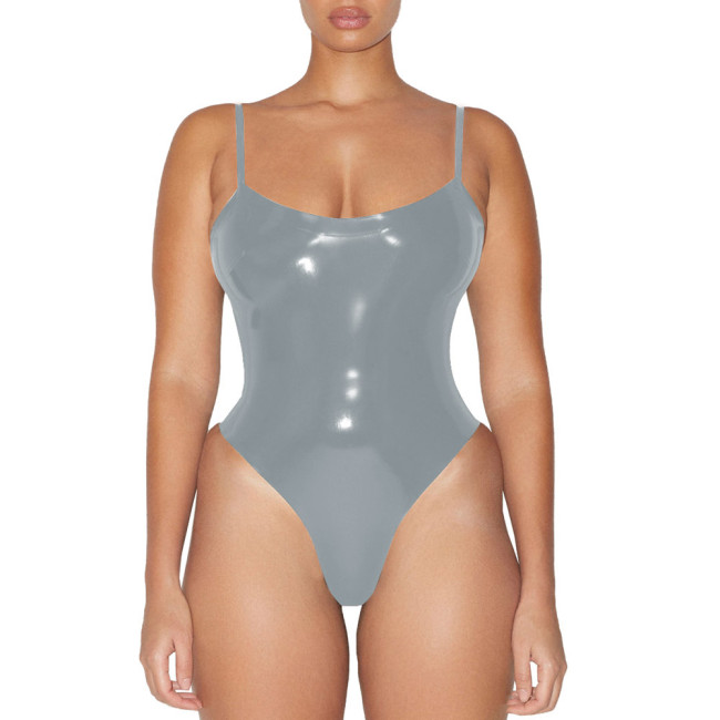 Glossy Sexy Sleeveless PVC Faux Leather Bodysuit Womens Wetlook One-piece Swimsuit Club Lingerie Body Rompers Clubwear Leotard