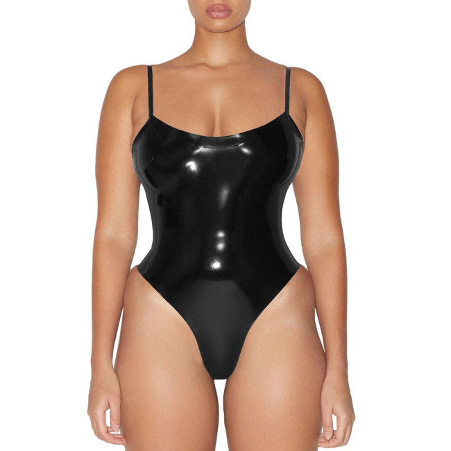 Glossy Sexy Sleeveless PVC Faux Leather Bodysuit Womens Wetlook One-piece Swimsuit Club Lingerie Body Rompers Clubwear Leotard
