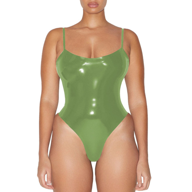 Glossy Sexy Sleeveless PVC Faux Leather Bodysuit Womens Wetlook One-piece Swimsuit Club Lingerie Body Rompers Clubwear Leotard