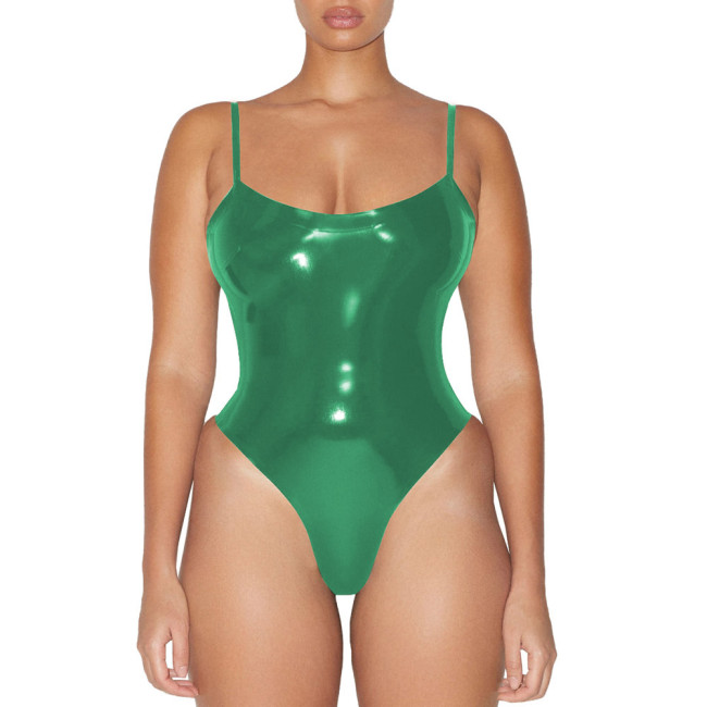 Glossy Sexy Sleeveless PVC Faux Leather Bodysuit Womens Wetlook One-piece Swimsuit Club Lingerie Body Rompers Clubwear Leotard