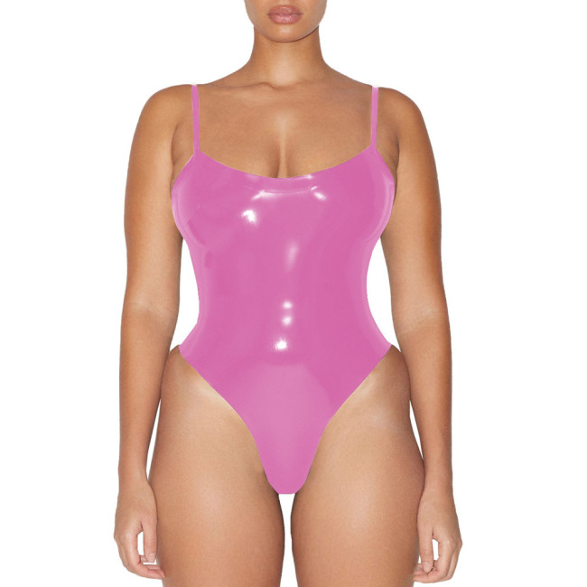 Glossy Sexy Sleeveless PVC Faux Leather Bodysuit Womens Wetlook One-piece Swimsuit Club Lingerie Body Rompers Clubwear Leotard