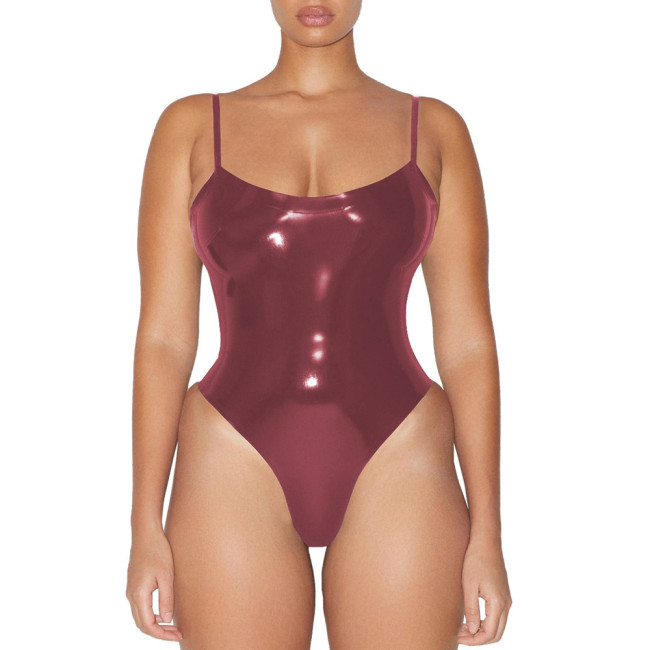 Glossy Sexy Sleeveless PVC Faux Leather Bodysuit Womens Wetlook One-piece Swimsuit Club Lingerie Body Rompers Clubwear Leotard