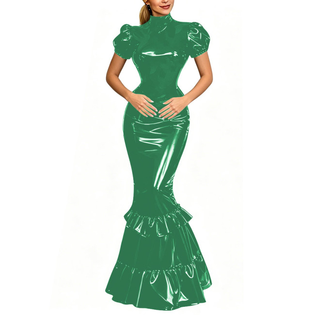 Lady Shiny PVC Puff Sleeve Mermaid Maxi Dress Fetish Bodycon Evening Gown with Tiered Ruffle Gothic Punk High Neck Cosplay Dress