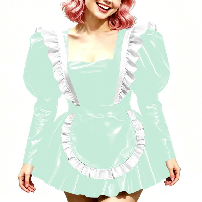 Halloween Long Sleeve Costumes Glossy PVC Maid Dress with Gothic Ruffled Apron Puff A-Line Mini Dress Sissy Sexy Cosplay Lolita