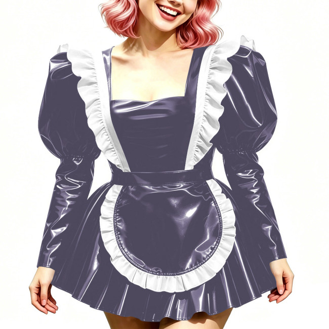 Halloween Long Sleeve Costumes Glossy PVC Maid Dress with Gothic Ruffled Apron Puff A-Line Mini Dress Sissy Sexy Cosplay Lolita
