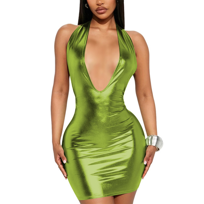 Shiny Metallic Sexy Deep V-Neck Mini Dress Backless Cosplay Sundress Prom Wetlook Halter Bodycon Cocktail Vestidos Crossdresser