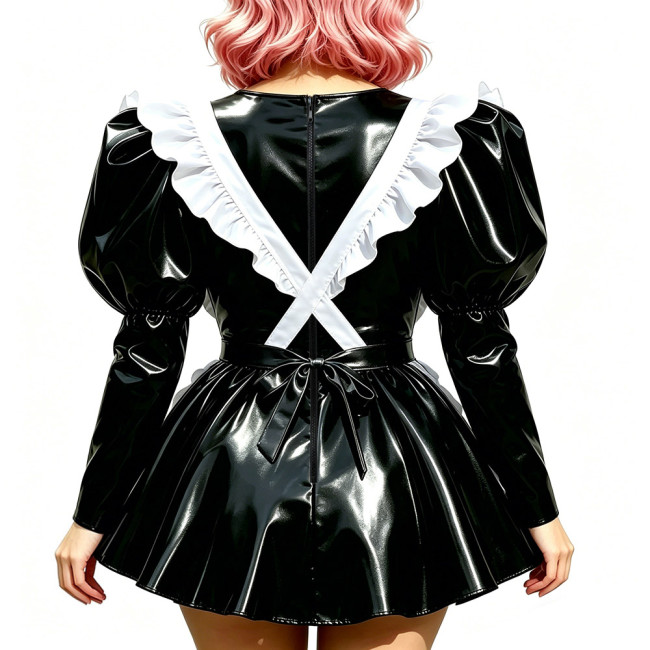 Halloween Long Sleeve Costumes Glossy PVC Maid Dress with Gothic Ruffled Apron Puff A-Line Mini Dress Sissy Sexy Cosplay Lolita