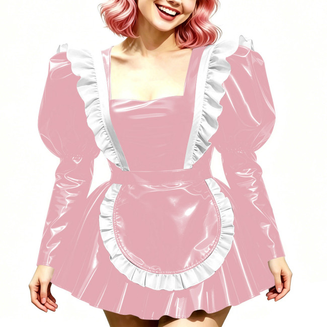 Halloween Long Sleeve Costumes Glossy PVC Maid Dress with Gothic Ruffled Apron Puff A-Line Mini Dress Sissy Sexy Cosplay Lolita