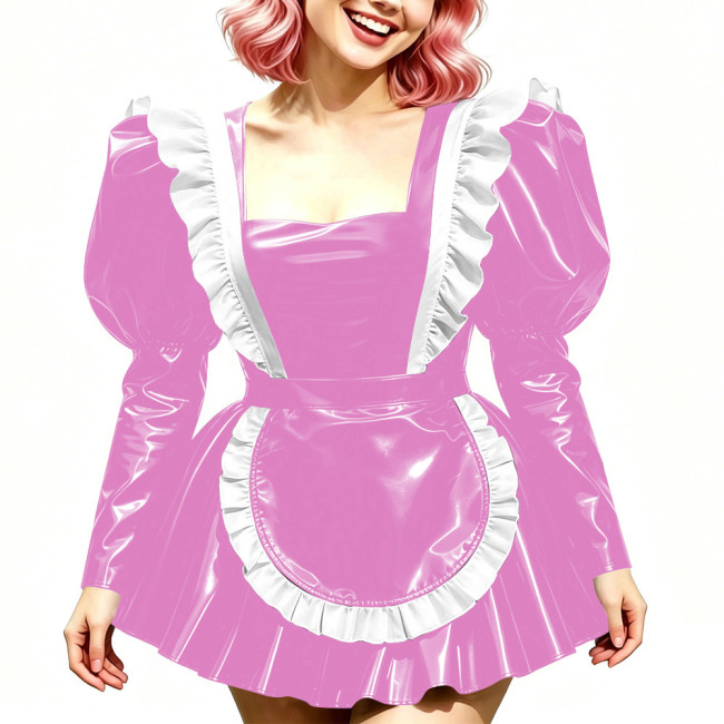 Halloween Long Sleeve Costumes Glossy PVC Maid Dress with Gothic Ruffled Apron Puff A-Line Mini Dress Sissy Sexy Cosplay Lolita