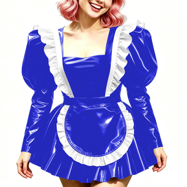 Halloween Long Sleeve Costumes Glossy PVC Maid Dress with Gothic Ruffled Apron Puff A-Line Mini Dress Sissy Sexy Cosplay Lolita