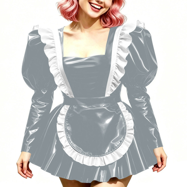 Halloween Long Sleeve Costumes Glossy PVC Maid Dress with Gothic Ruffled Apron Puff A-Line Mini Dress Sissy Sexy Cosplay Lolita