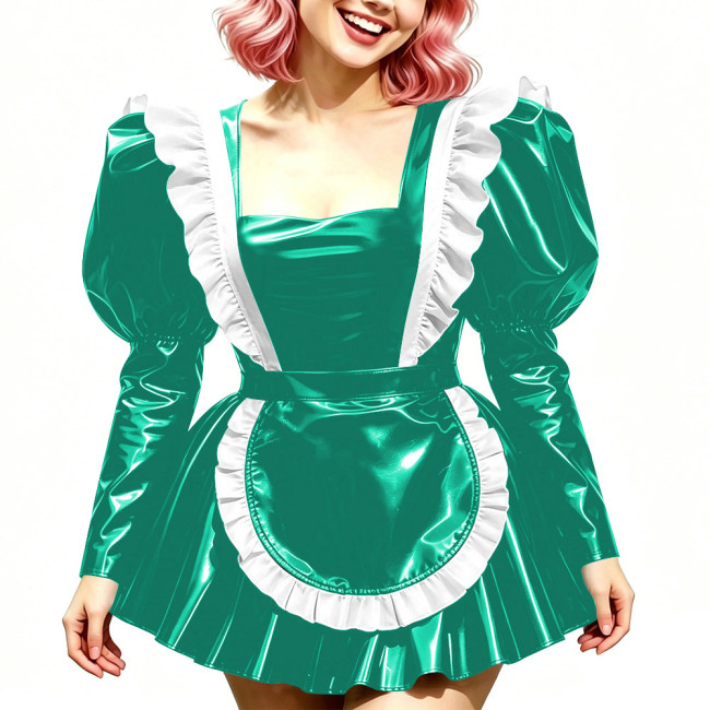 Halloween Long Sleeve Costumes Glossy PVC Maid Dress with Gothic Ruffled Apron Puff A-Line Mini Dress Sissy Sexy Cosplay Lolita