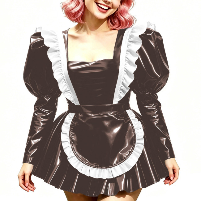 Halloween Long Sleeve Costumes Glossy PVC Maid Dress with Gothic Ruffled Apron Puff A-Line Mini Dress Sissy Sexy Cosplay Lolita