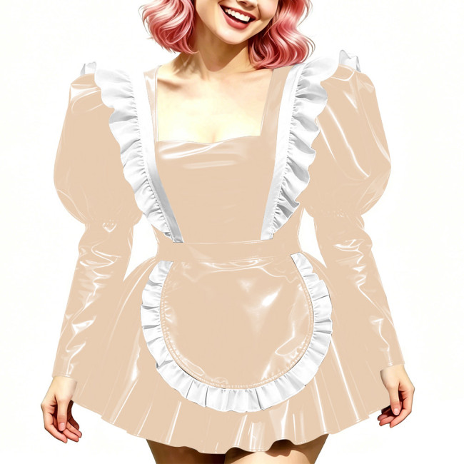 Halloween Long Sleeve Costumes Glossy PVC Maid Dress with Gothic Ruffled Apron Puff A-Line Mini Dress Sissy Sexy Cosplay Lolita