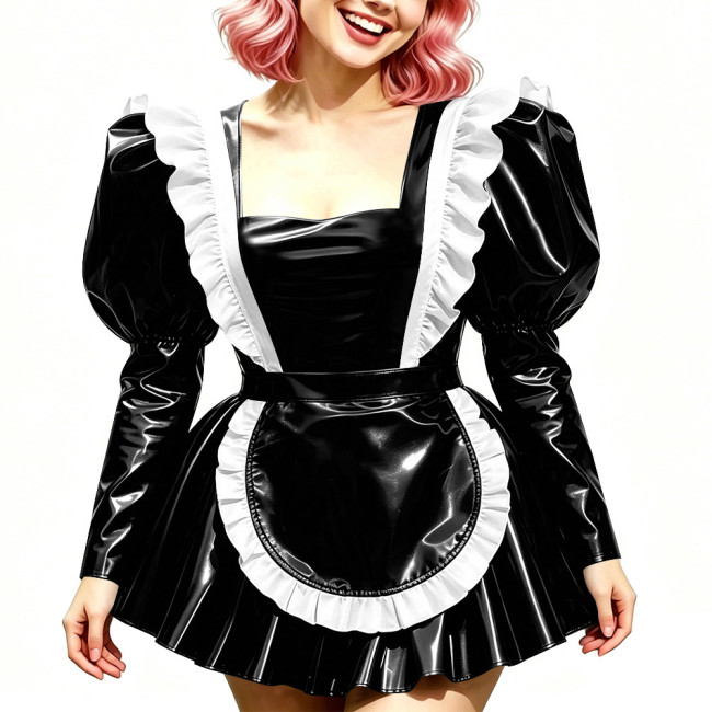 Halloween Long Sleeve Costumes Glossy PVC Maid Dress with Gothic Ruffled Apron Puff A-Line Mini Dress Sissy Sexy Cosplay Lolita