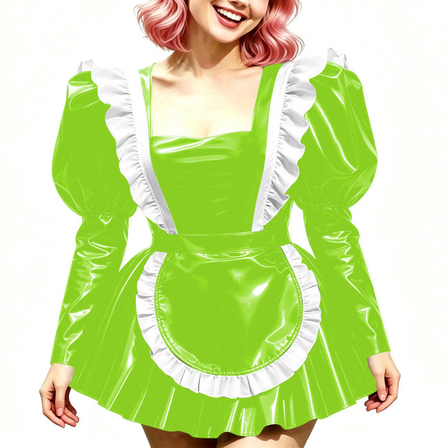 Halloween Long Sleeve Costumes Glossy PVC Maid Dress with Gothic Ruffled Apron Puff A-Line Mini Dress Sissy Sexy Cosplay Lolita