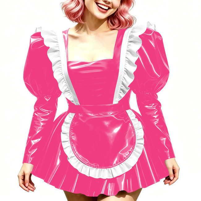 Halloween Long Sleeve Costumes Glossy PVC Maid Dress with Gothic Ruffled Apron Puff A-Line Mini Dress Sissy Sexy Cosplay Lolita