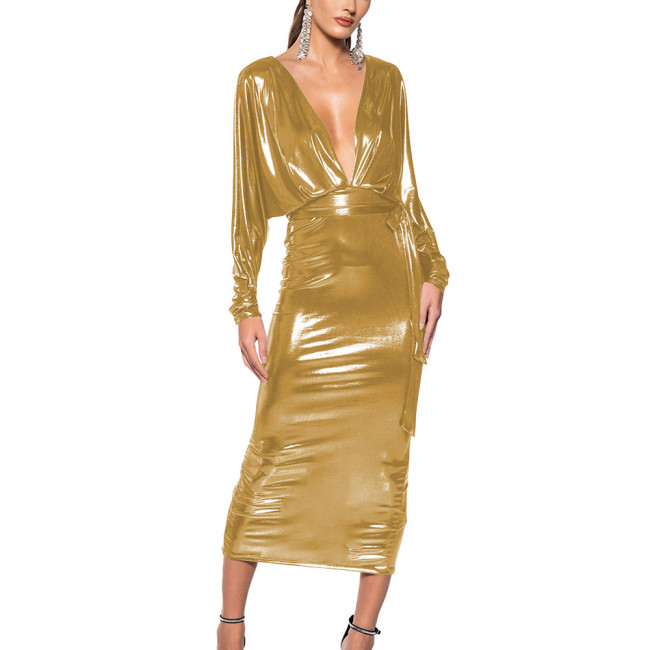 Shiny Liqiud Metallic Deep V-Neck Midi Dress Elegant Bodycon Evening Party Dress Sexy Nightclub Erotic High Waist Formal Prom