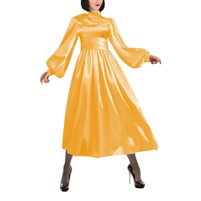 Fashion Satin Mock Neck A-line Dress Women Elegant Solid Lantern Sleeve Long Dress Party Wide Belted Slim Dress Evening Vestidos