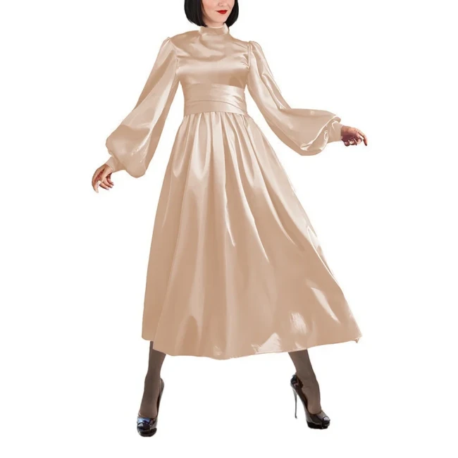 Fashion Satin Mock Neck A-line Dress Women Elegant Solid Lantern Sleeve Long Dress Party Wide Belted Slim Dress Evening Vestidos