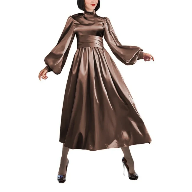 Fashion Satin Mock Neck A-line Dress Women Elegant Solid Lantern Sleeve Long Dress Party Wide Belted Slim Dress Evening Vestidos