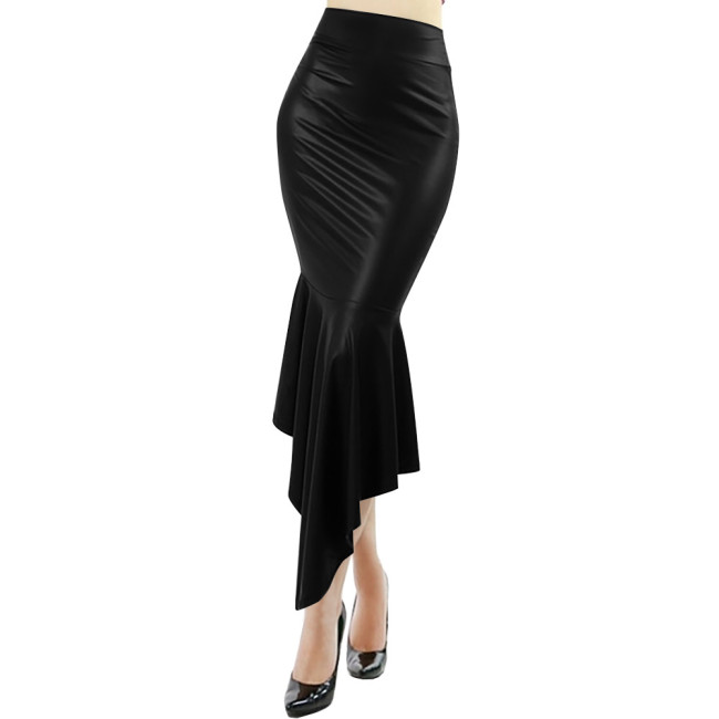 Wetlook PU Leather Sexy High Waist Mermaid Skirt Fetish Ruffle Bodycon Fishtail Pencil Skirt Gothic Punk Long Dress Clubwear