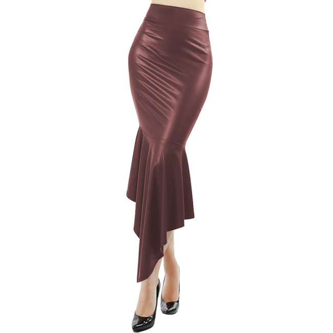 Wetlook PU Leather Sexy High Waist Mermaid Skirt Fetish Ruffle Bodycon Fishtail Pencil Skirt Gothic Punk Long Dress Clubwear