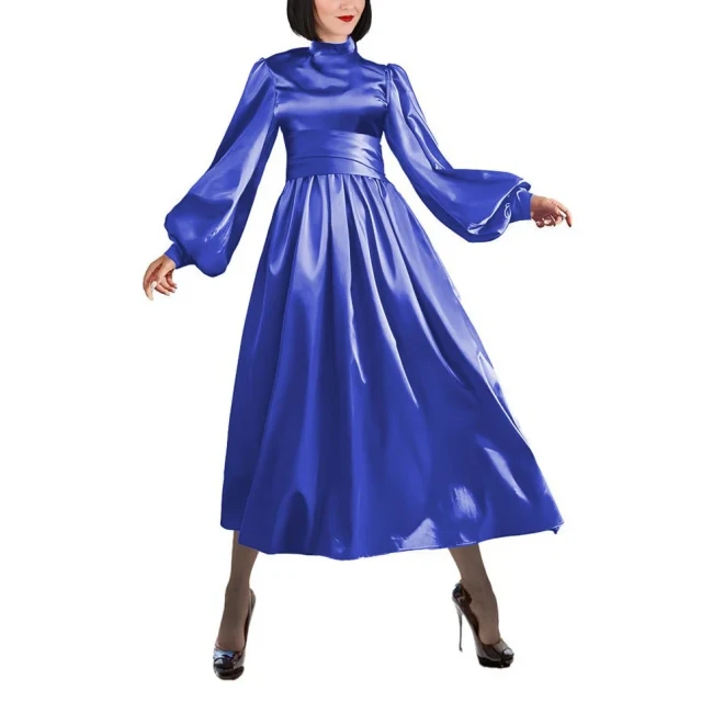 Fashion Satin Mock Neck A-line Dress Women Elegant Solid Lantern Sleeve Long Dress Party Wide Belted Slim Dress Evening Vestidos