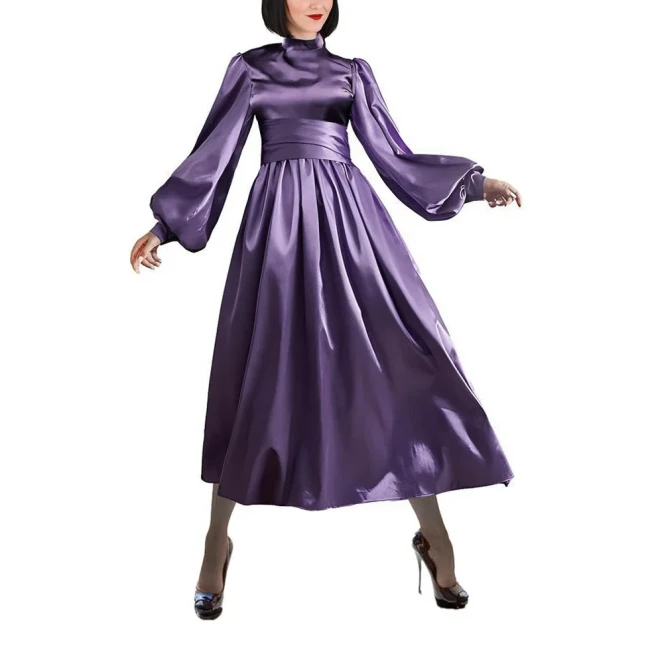 Fashion Satin Mock Neck A-line Dress Women Elegant Solid Lantern Sleeve Long Dress Party Wide Belted Slim Dress Evening Vestidos
