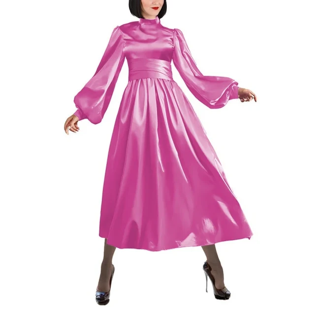 Fashion Satin Mock Neck A-line Dress Women Elegant Solid Lantern Sleeve Long Dress Party Wide Belted Slim Dress Evening Vestidos