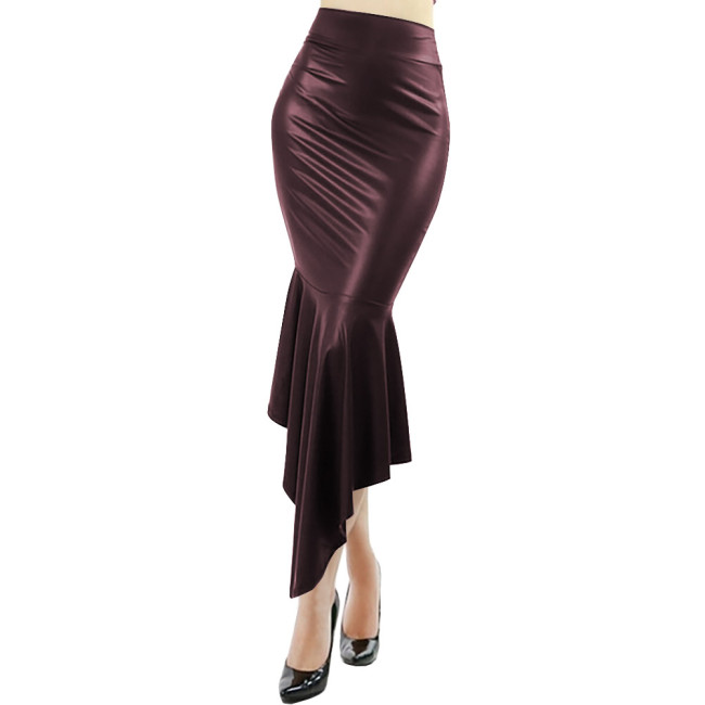 Wetlook PU Leather Sexy High Waist Mermaid Skirt Fetish Ruffle Bodycon Fishtail Pencil Skirt Gothic Punk Long Dress Clubwear